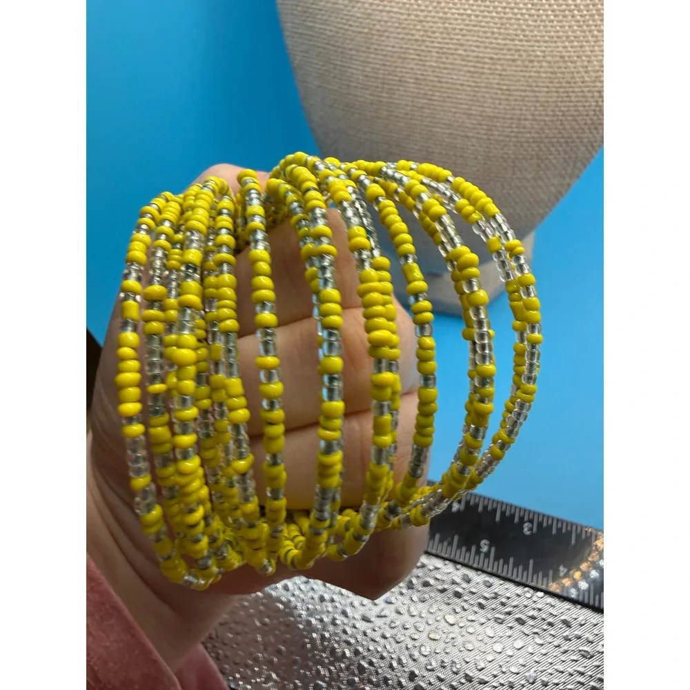 Yellow Clear Seed Bead Memory Wire Wrap Bracelet Multi Layer Stacked Bangle